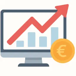 Illustration numérique : Écran d'ordinateur montrant un graphique à barres avec une flèche rouge montante symbolisant la croissance, à côté d'une pièce de monnaie avec le symbole de l'Euro (€).