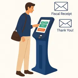 Illustration d'un homme utilisant une borne de dons bleue, avec des enveloppes indiquant "Reçu Fiscal" et "Merci !" (ou "Fiscal Receipt" et "Thank You !" si l'image est utilisée comme source).