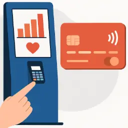 Illustration d'une main utilisant une carte bancaire rouge (avec fonction sans contact) pour effectuer un paiement sur un terminal intégré à une borne bleue. L'écran de la borne montre un graphique de progression et un cœur.
