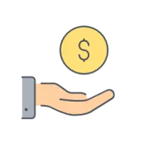 Icône stylisée d'une main ouverte tendant pour recevoir ou offrir une pièce d'or marquée du symbole du dollar ($).