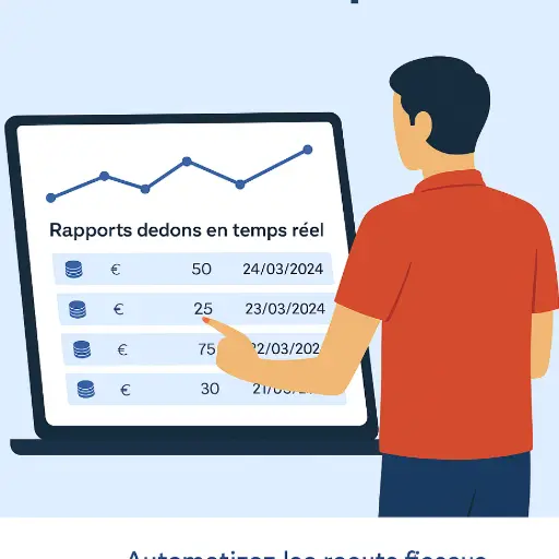  (Accessibilité)	Illustration d'un utilisateur consultant un tableau de bord sur ordinateur portable, affichant une courbe de croissance et un historique de transactions de dons avec les dates et montants en euros (Rapports de dons en temps réel).