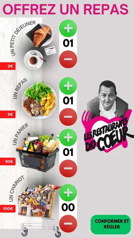Écran de campagne de don pour Les Restaurants du Cœur, proposant l'achat de Petit déjeuner (2 €), Repas (5 €), Panier (30 €) et Chariot (100 €) avec sélecteur de quantité.