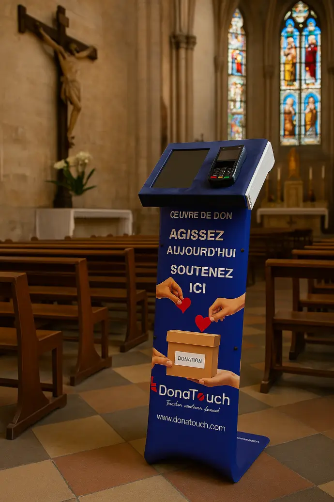 Borne de dons DonaTouch bleue et blanche dans une église, à côté d'une croix et de bancs en bois. L'écran affiche "Œuvre de don - Agissez aujourd'hui - Soutenez ici".